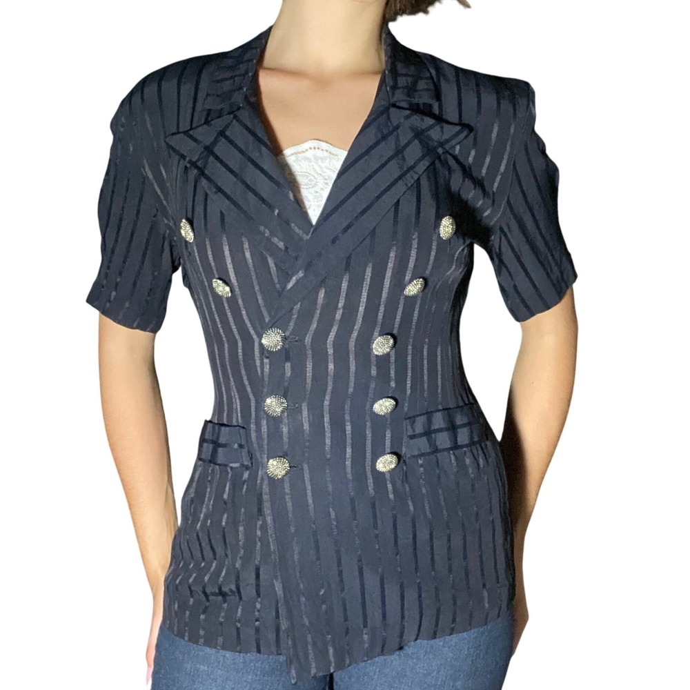 Dani Michaels Vintage Preppy Black Pinstripe Blazer Blouse Fitted Tailored - M